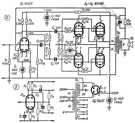 Схема двухтактного лампового усилителя на 6п14п